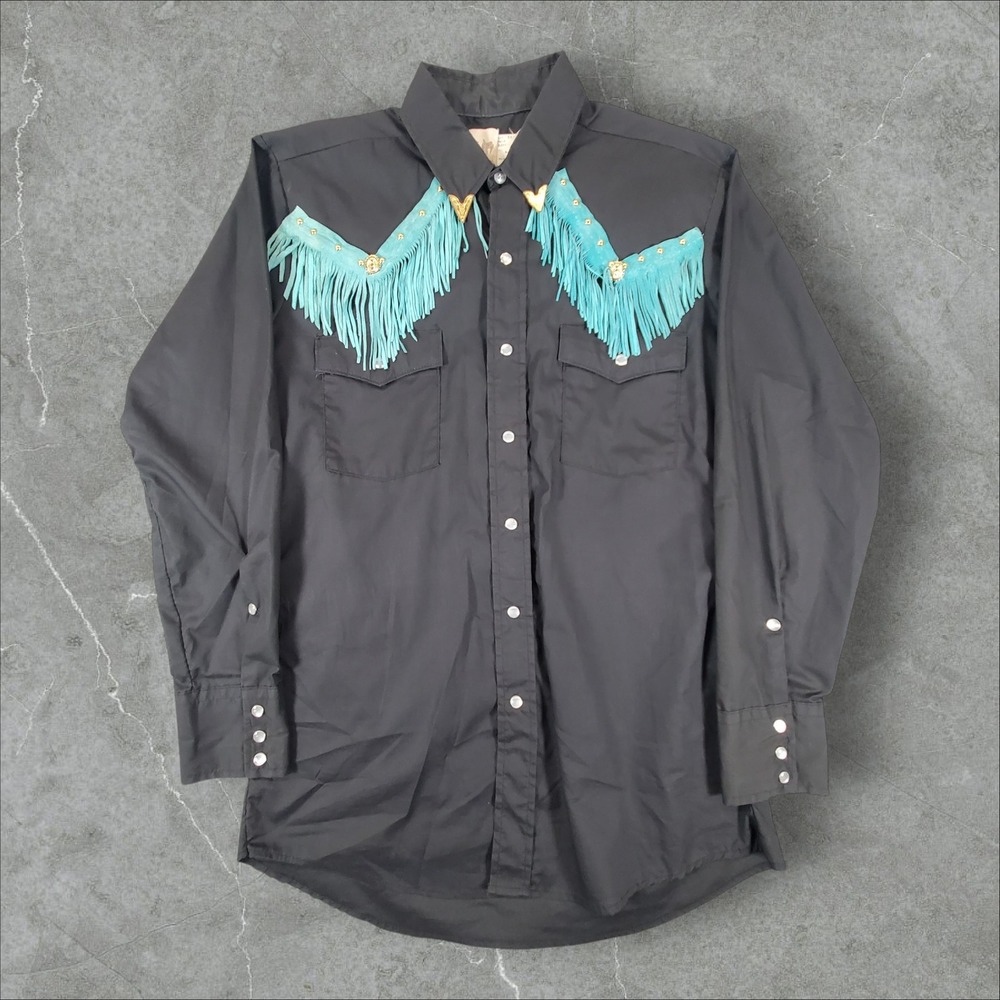 Saddle King Western Shirt Mens M Black Turquoise Fringe Studded Pearl Snap 70s